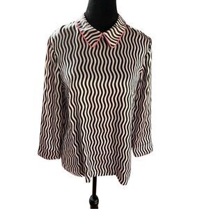 Juicy Couture 100% Silk Crepe Collared Pink Black Squiggly Striped Blouse Size L